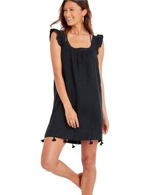 Vineyard Vines Black Linen Ruffle Sleeve Dress Coverup Pompom Trim Size XXL